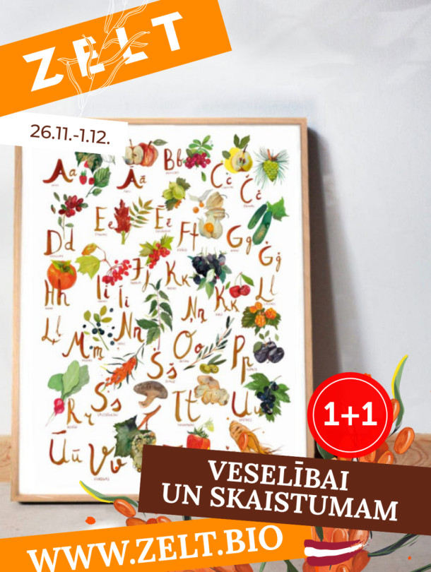 1+1 Ogu un augļu alfabēta plakāts A3