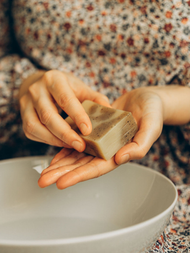 SOLD / Scrub soap with sea buckthorn powder and coconut oil 